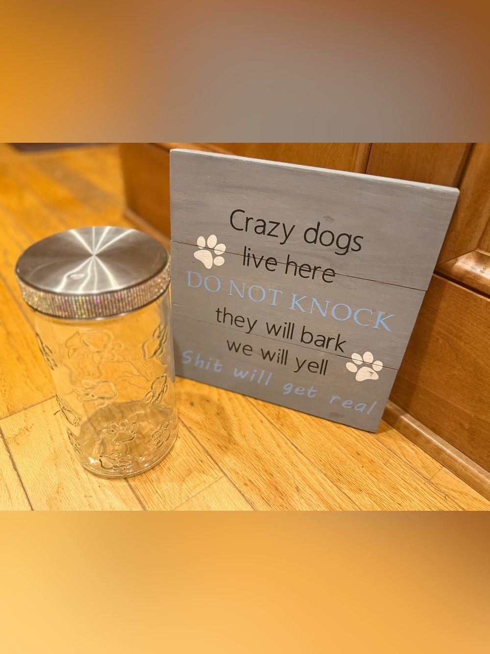 Gray "Crazy Dogs Live Here" Decorative Sign & Rhinestone Treat jar!